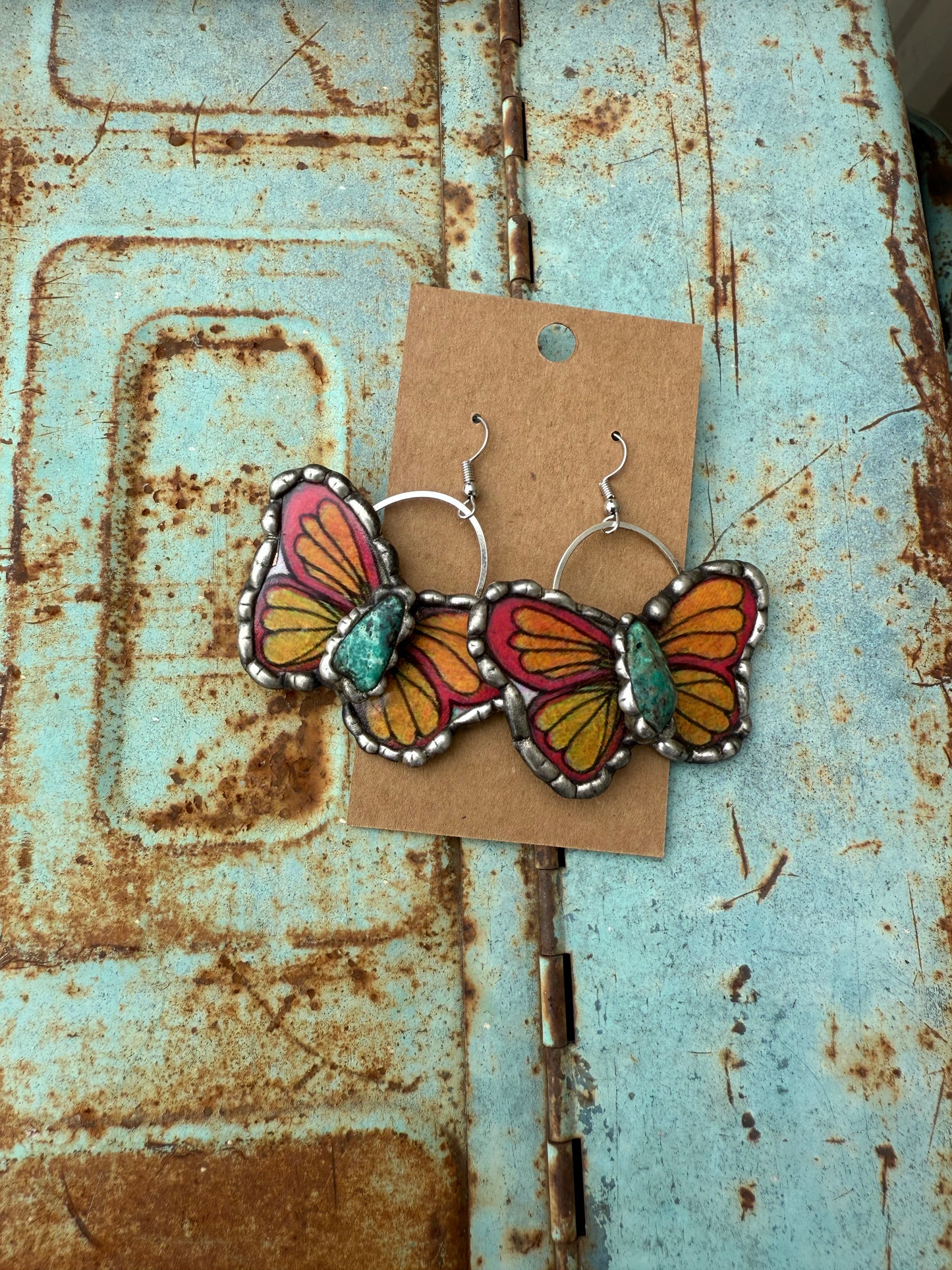 Butterfly Pink Orange Yellow Earrings