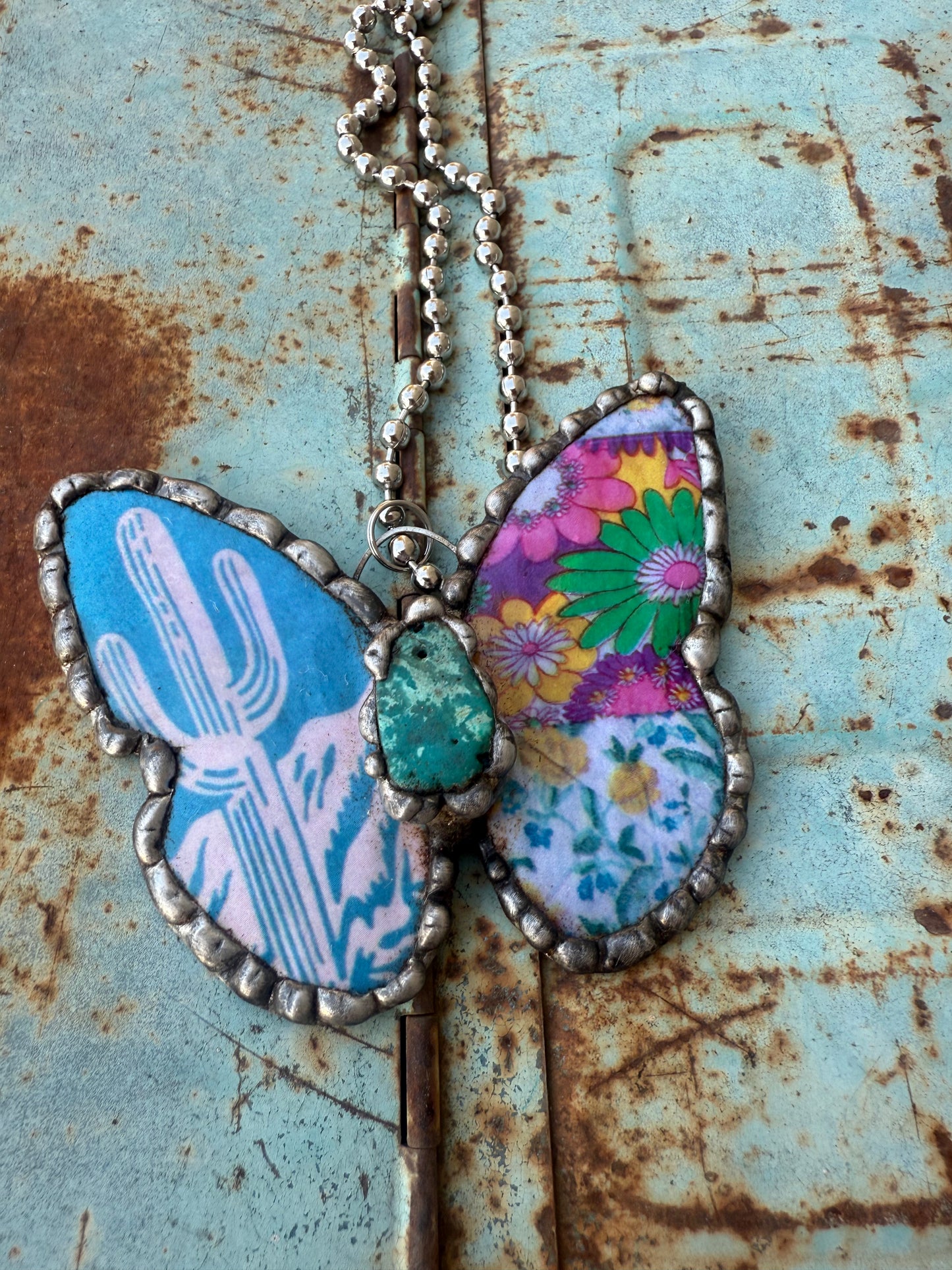 Blue White Cactus Butterfly Necklace